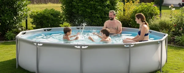 Famille profitant d'une piscine tubulaire dans un jardin ensoleillé