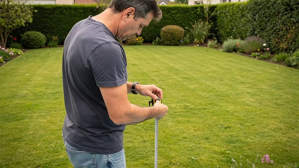 Personne mesurant son jardin au mètre ruban avant installation piscine tubulaire