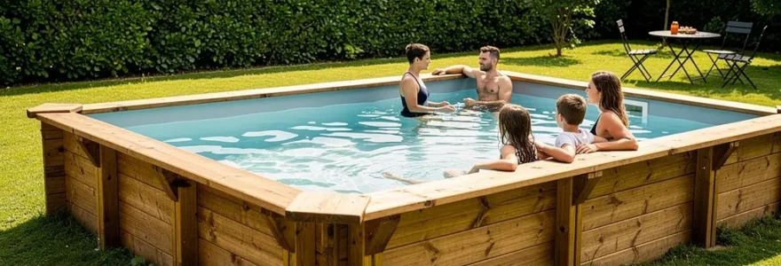 Piscine bois rectangulaire installée dans un jardin résidentiel français, ambiance estivale familiale