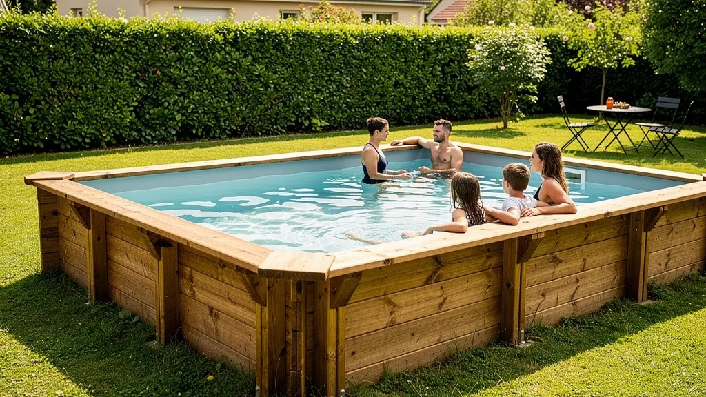 Piscine bois rectangulaire installée dans un jardin résidentiel français, ambiance estivale familiale