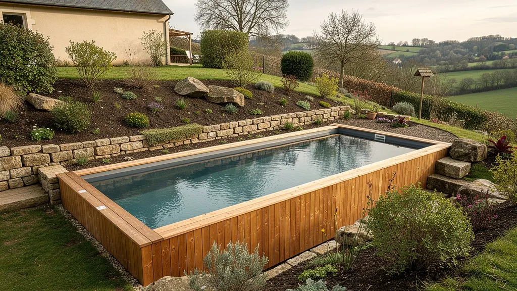 Piscine bois semi-enterrée intégrée sur terrain en pente avec aménagement paysager