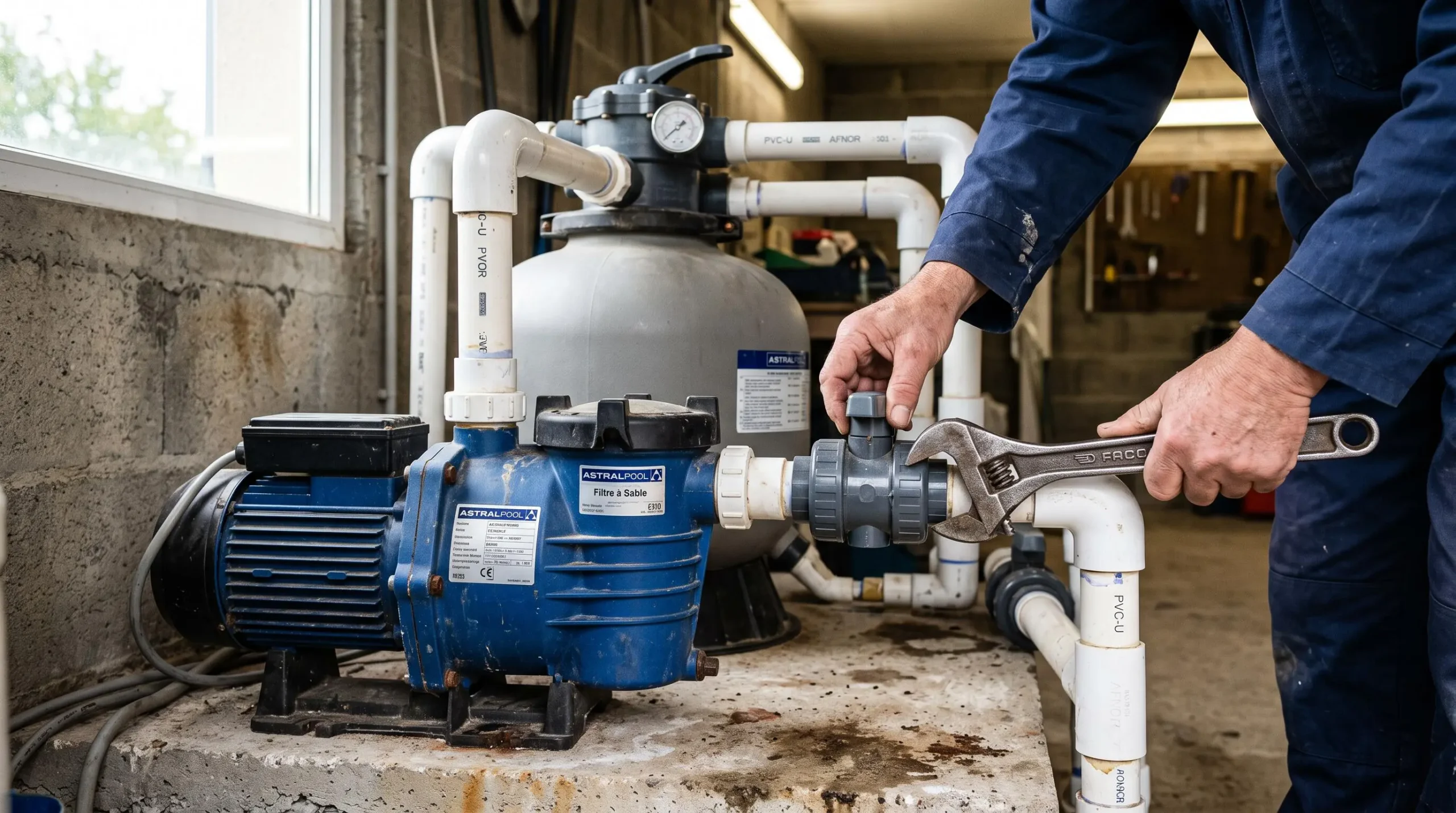 Les mains d'un technicien règlent la plomberie d'un local technique de piscine.