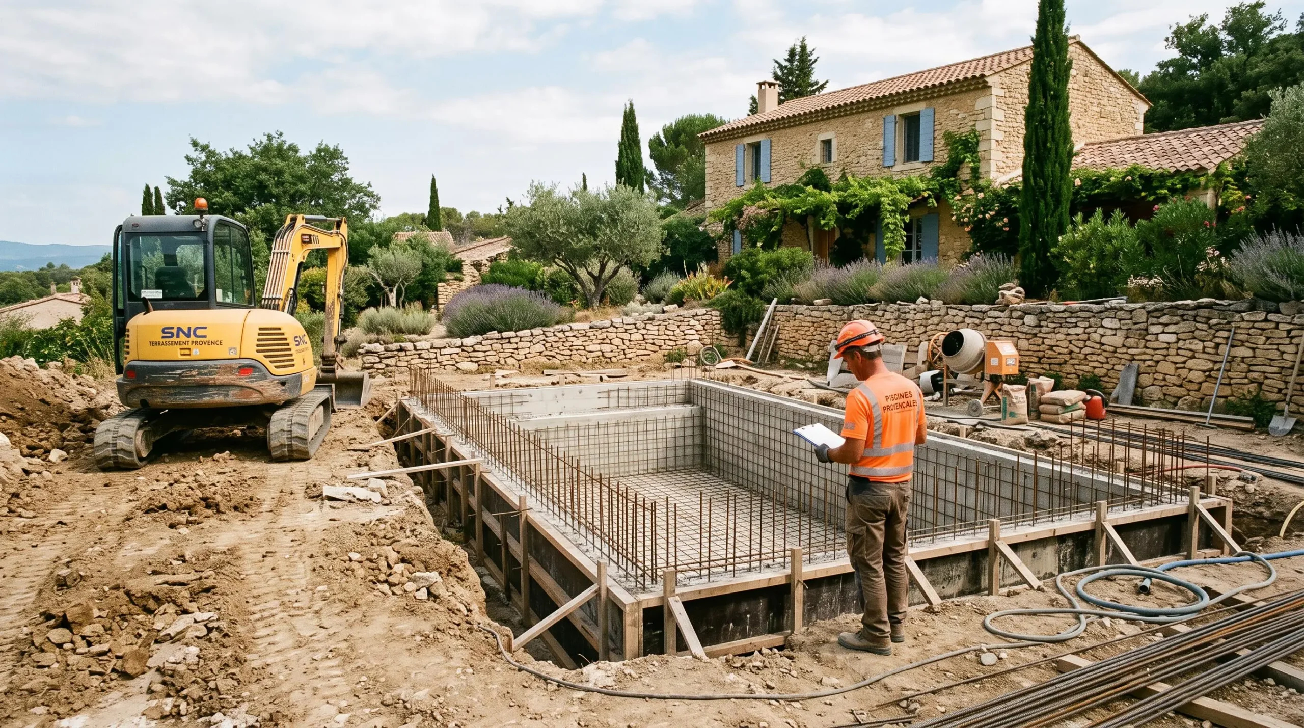 Un pisciniste inspecte un bassin en béton en cours de construction dans un jardin.