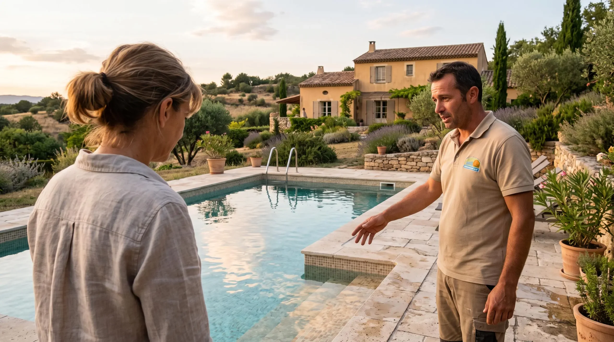 Un propriétaire discute avec un pisciniste devant une piscine terminée.