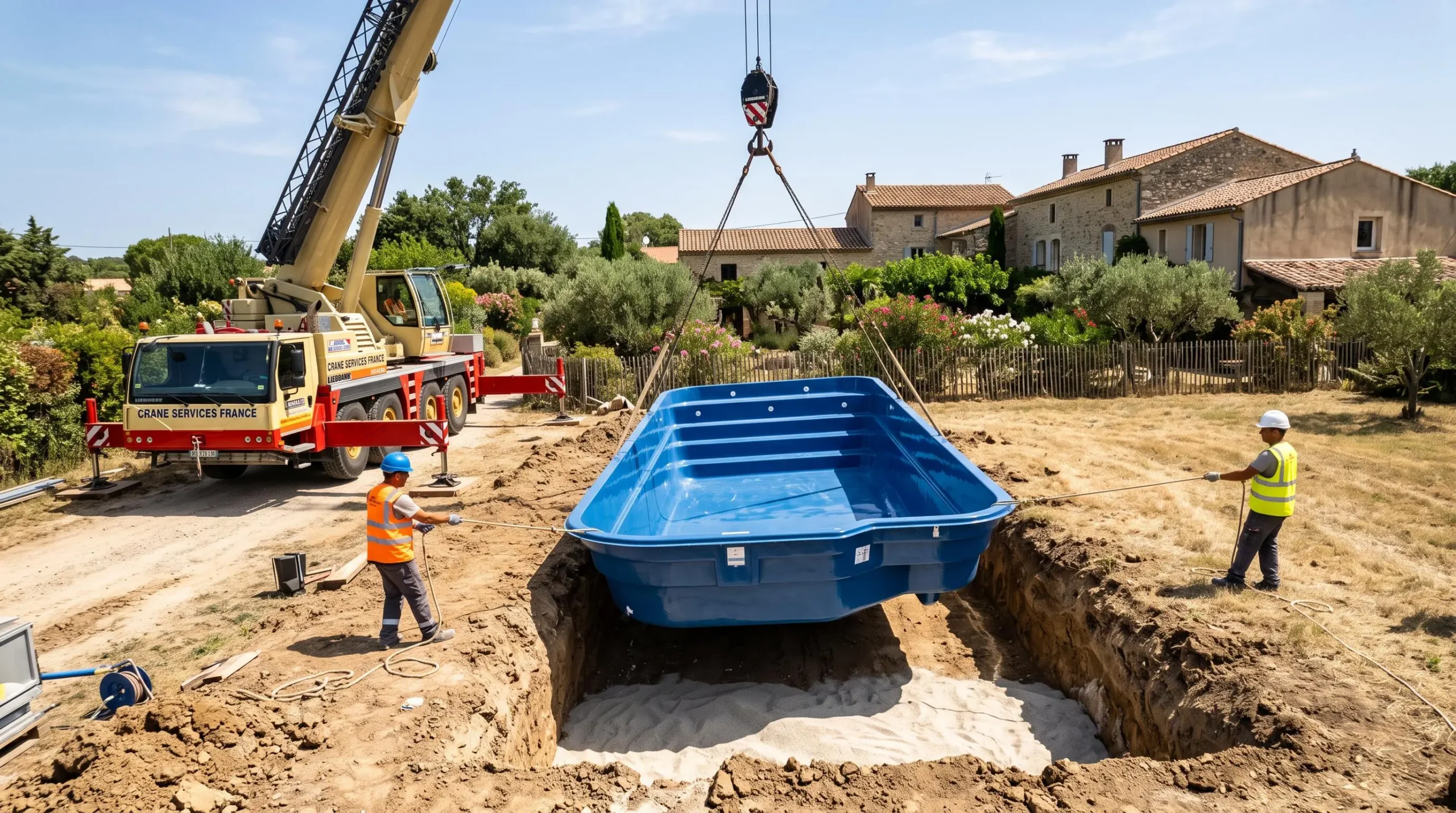Des ouvriers installent une coque de piscine en polyester dans une fouille.